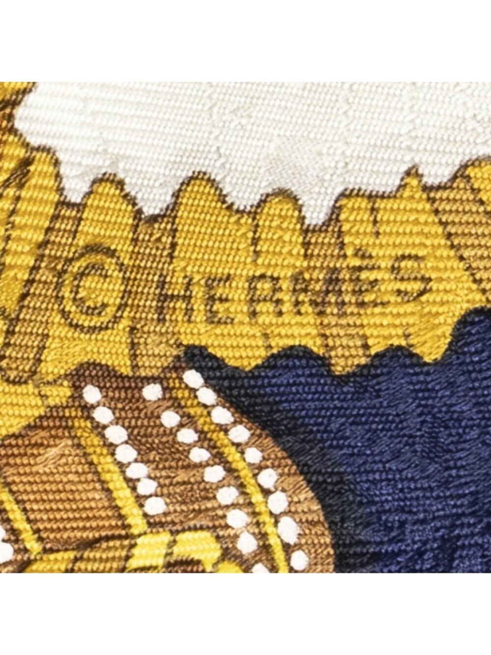 ★SOLD★ Hermes Scarf Navy Beige 100% Gold Jacquard Silk - Picture 4 of 5